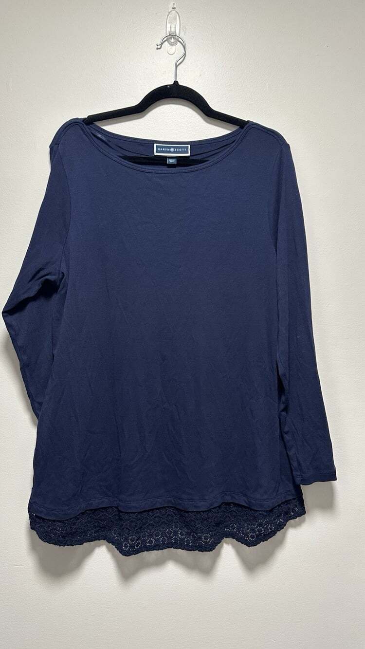 Karen Scott Women's 1X Navy Blue Long Sleeve Crochet Hem Tunic Top 100% Cotton